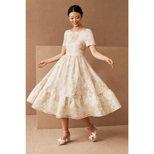 Mestiza BHLDN Alfama Metallic Gold White Floral Flare Midi Dress